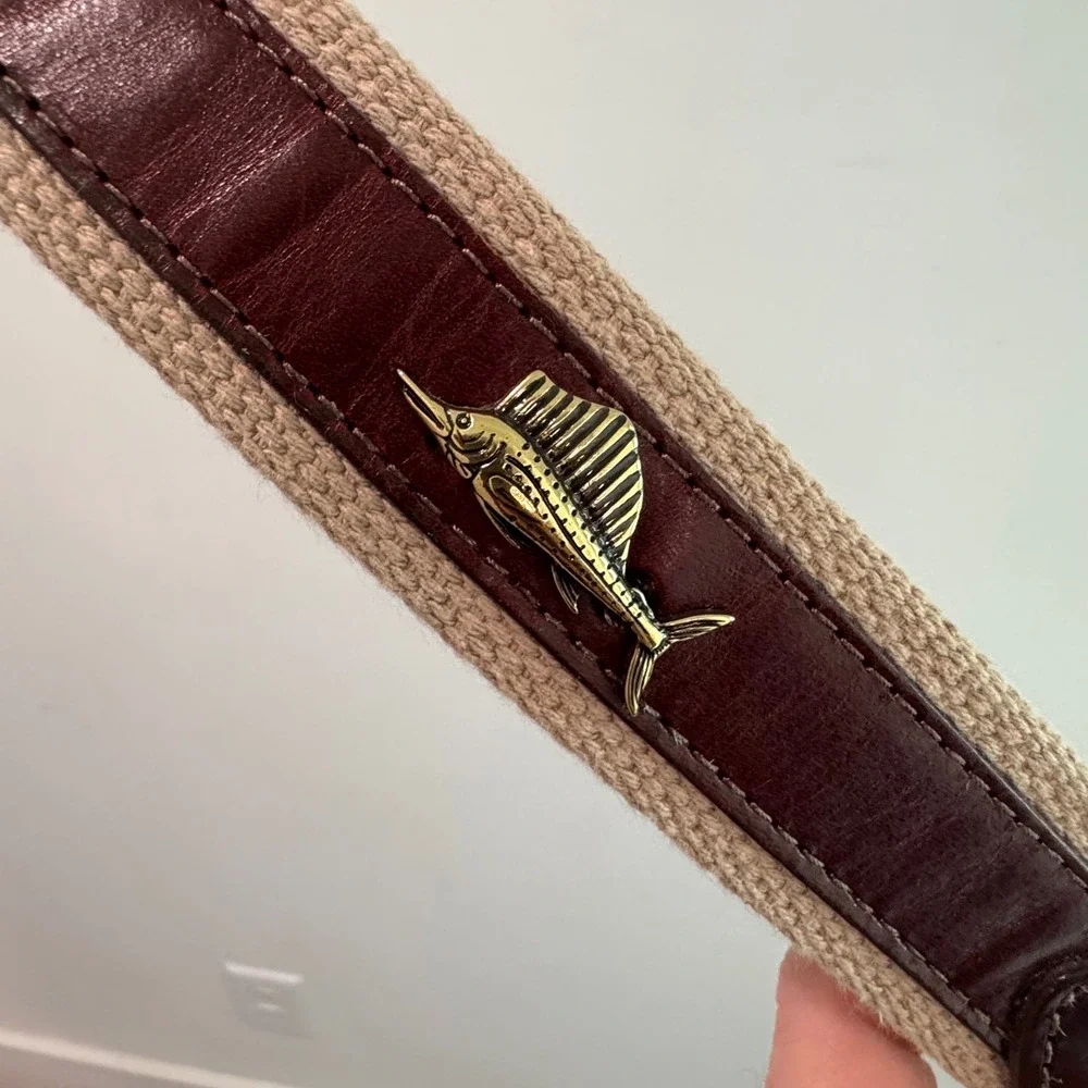Brighton Nautical Canvas Leather Belt Brass Marlin Tuna‎ Fish  Brown Tan 44